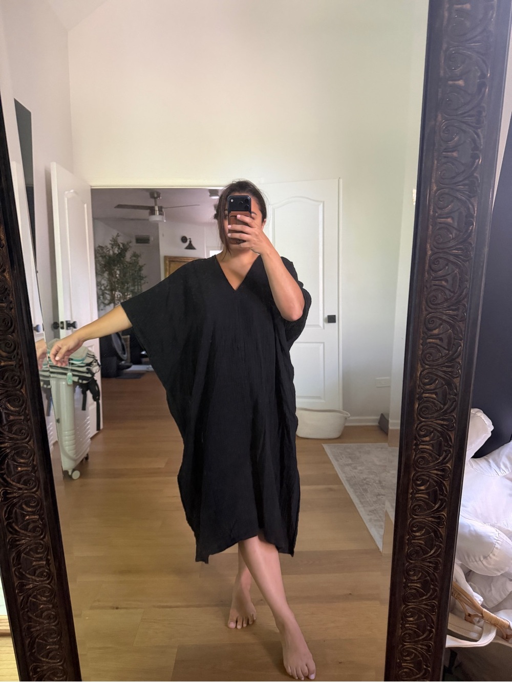Flowy Black V-Neck Caftan Dress 100% Cotton Split Hem One Size Fits All Coverup